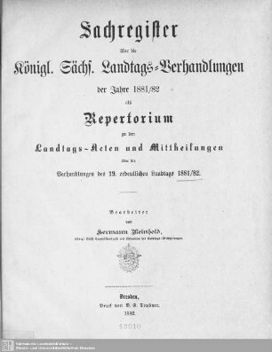 1881/82: Sachregister über die Verhandlungen des ... Ordentlichen Sächsischen Landtages