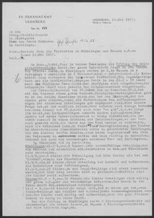 Münklingen-Hausen/Würm: Visitationsbericht mit Pfarrbericht 1957