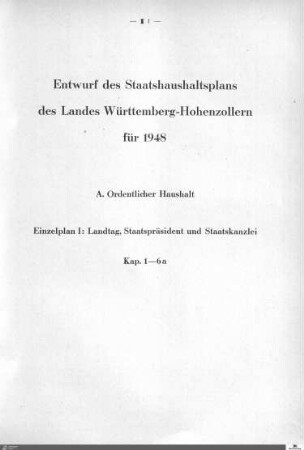 Staatshaushaltsplan Württemberg-Hohenzollern 1948: Einzelpläne