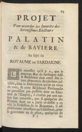 Projet Pour accorder les Interêts des Serenissimes Electeurs Palatin & de Baviere.