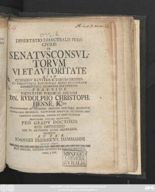 Dissertatio Inavgvralis Ivris Civilis De Senatvsconsvltorvm Vi Et Avtoritate