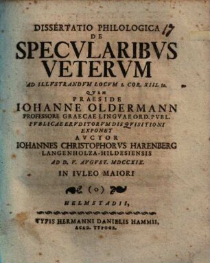 Dissertatio philologica de specularibus veterum ad illustrandum locum I. Cor. XIII. 12.