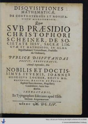 Disqvisitiones Mathematicae, De Controversiis Et Novitatibvs Astronomicis