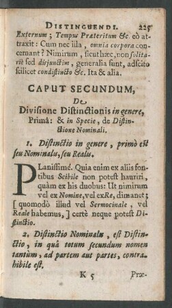Caput Secundum, De Divisione Distinctionis in genere, Prima: & in Specie, de Distinctione Nominali.