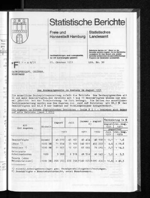 Das Bauhauptgewerbe in Hamburg im August 1971 : Lfd. Nr. 30