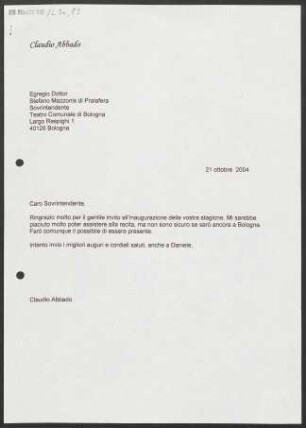 Brief an Stefano Mazzonis di Pralafera, 21.10.2004