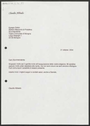 Brief an Stefano Mazzonis di Pralafera, 21.10.2004