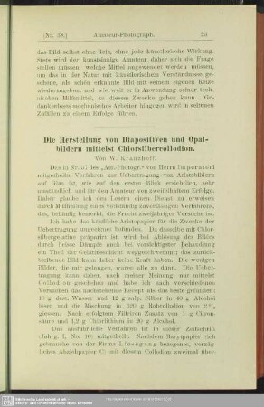 Die Herstellung von Diapositiven und Opalbildern mittels Chlorsilbercollodion