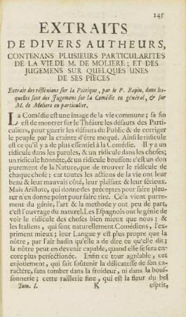 Extraits De Divers Autheurs, Contenans Plusieurs Particularites De La Vie De M. De Moliere; ...