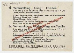 Einladungskarte der Deutschen Liga für unabhängigen Film. Berlin. Einladung zur fünften und sechsten Veranstaltung der Deutschen Liga für unabhängigen Film.