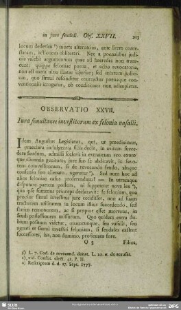 Observatio XXVII. Iura simultanee investitorum ex felonia vasalli