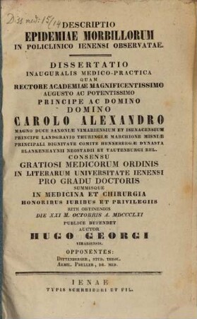 Descriptio epidemiae morbillorum in policlinico Jenensi observatae : Dissertatio inauguralis medico-practica
