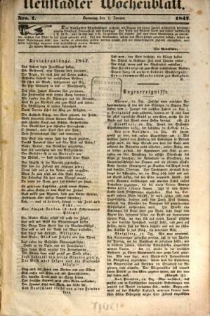 Neustadter Wochenblatt : Organ zur volksthümlichen Besprechung der Tages-Ereignisse, zur Unterhaltung, sowie zur Veröffentlichung von Anzeigen etc.. 1847