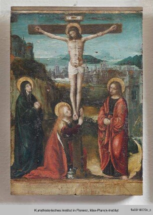 Die fünfzehn Rosenkranzgeheimnisse und der Heilige Thomas von Aquin : Christus am Kreuz mit Maria, Johannes Evangelista und Maria Magdalena