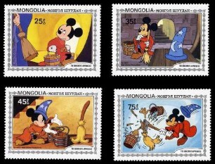 Set von 6 Briefmarken mit Szenen zu Goethes "Zauberlehrling" nach dem Film "Fantasia" von Walt Disney