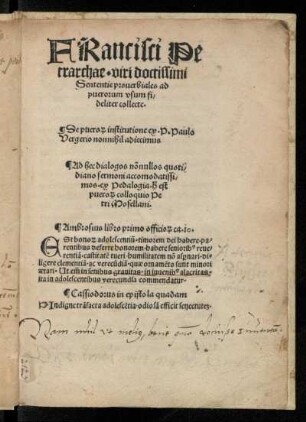 Sententie prouerbiales ad puerorum vsum fideliter collecte