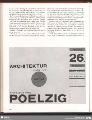 Architektur. Lichtbilder. Vortrag. Professor Hans Poelzig