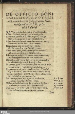 De Officio Boni Tabellionis, Notarii atq[ue]; etiam Secretarii Epigramma Henrici Knaustini V. I. D. & Comitis Palatini