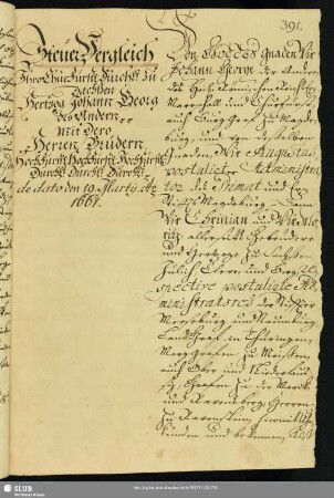 Steuer-Vergleich Ihro Churf. Durchl. zu Sachßen Hertzog Johann Georg des Andern mit Dero Herren Brüdern, de dato, d. 19. Martij Ao 1661