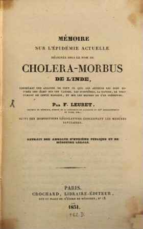Mémoire sur l'Épidémie actuelle designée sous le nom de Cholera-Morbus de l'Inde
