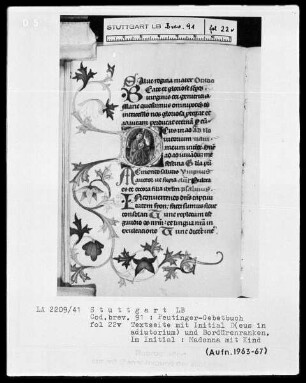Gebetbuch des Konrad Peutinger — Initiale D (eus in adiutorium), darin thronende Maria, Folio 22verso
