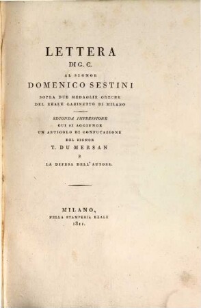 Lettera di G.[aetano] C.[attaneo] al Signor Domenico Sestini sopra 2 medaglie Greche del reale gabinetto di Milano