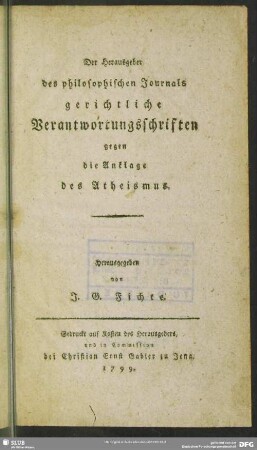 Der Herausgeber des philosophischen Journals gerichtliche Verantwortungsschriften gegen die Anklage des Atheismus