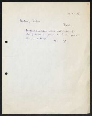 Brief von Gerhart Hauptmann an Hedwig Fischer, geschrieben von Unbekannt