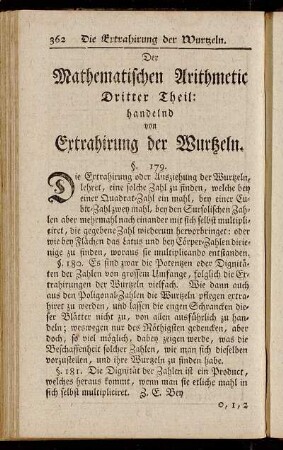 Der Mathematischen Arithmetic Dritter Theil: handelnd von Extrahirung der Wurtzeln.