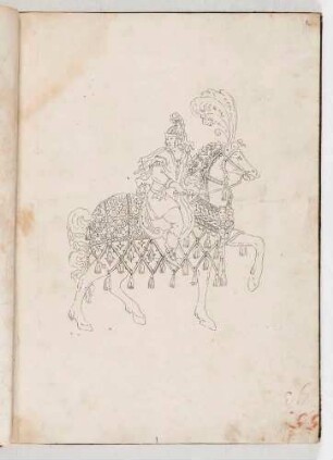Krieger auf einem Pferd mit Prachtreitzeug, in einem Band mit Antikischen Figurinen und Pferdedekorationen, Bl. 2