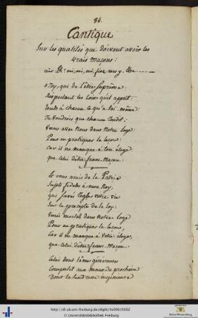 Cantique sur les qualités que doivent avoir les vrais maçons.