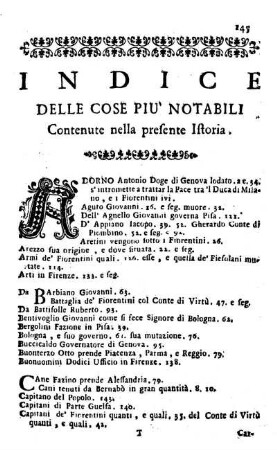 Indice Delle Cose Piu' Notabili Contenute nella presente Istoria.