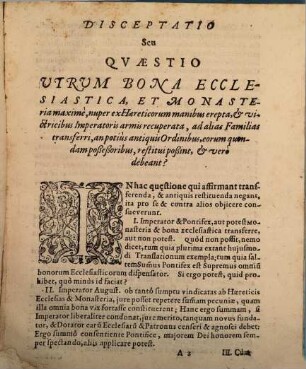 De monasteriorum ab haereticis recuperatorum translatione disceptatio
