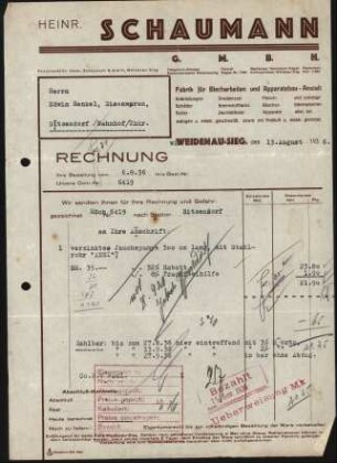 Firmenbriefkopf Heinrich Schaumann,G.M.B.H., Fabrik für Blecharbeiten und Apparatebau