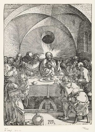 Letztes Abendmahl, Blatt 2 aus: Jakob Koppmayer, "Passio Dominica Quondam ab incomparabili artifice Alberto Dürero Norico formis ligneis incisa et excusa, nunc denuo recusa a Jacobo Koppmayero typographo", Augsburg 1675