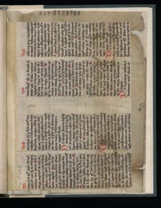 Pergamentblätter des 13. bzw. 14. Jh. (Kommentar aus dem Exodus und Hs. des Liber sextus decretalium D. Bonifacii Papae VIII.)