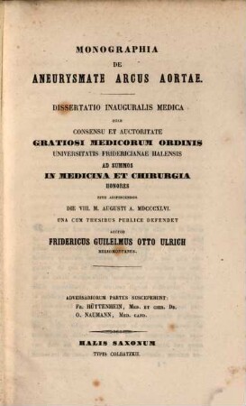 Monographia de aneurysmate arcus aortae : dissertatio inauguralis medica