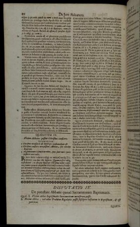 Disputatio IV. De potestate Abbatis quoad Sacramentum Baptismatis.