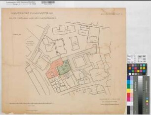 Münster (Münster) neues Hörsaal- und Seminargebäude der Universität Bestandszeichnung Blatt 10 Lageplan 1911 1 : 500 56 x 66 farb. Lithographie: Bogdan Gisevius, Berlin Weissgerber KSM Nr. 1324