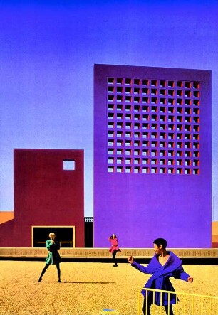 Drei Models mit Geländerdesign vor einer modernen Fassade, Reproduktion Plakat Müssig AG