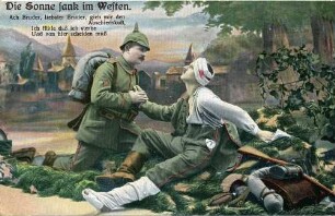 "Die Sonne sank im Westen. Ach Bruder, liebster Bruder, gieb mir den Abschiedskuß, Ich fühle daß ich sterbe Und von hier scheiden muß" Feldpostkarte vom 09.01.1916 an Babette Müller, Ellerstadt, aus Rastatt von ihrem Bruder Jakob Müller, Musketier, III. Ersatz-Kompanie, I. Ersatz-Bataillon, Infanterie-Regiment 111, Rastatt