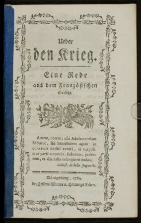 Ueber den Krieg : Eine Rede aus dem Französischen übersetzt