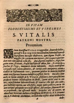 Disqvisitiones In Vitam Et Miracula Sanctissimi Vitalis Confessoris Et Pontificis Floridi Patroni, Episcopi Secundi Salisburgensis, Praesulis & secundi Abbatis, Antiquissimi Monasterii S. Petri Salisburgi