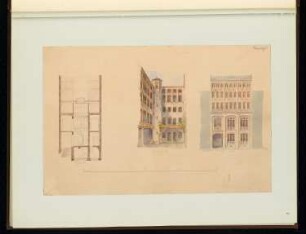 Wohnhaus Monatskonkurrenz Juli 1849: Aufriss Straßenansicht, Querschnitt, perspektivische Ansicht des Hofes; Maßstabsleiste