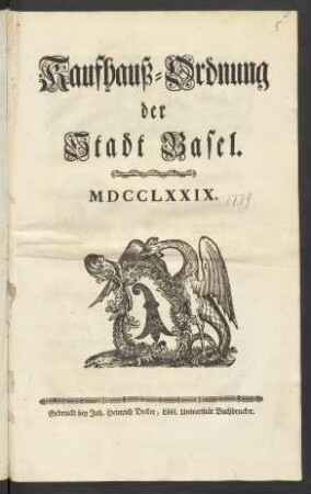 Kaufhauß-Ordnung der Stadt Basel : MDCCLXXIX.