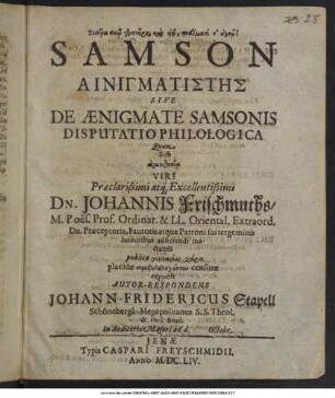 Samson Ainigmatistēs Sive De Aenigmate Samsonis Disputatio Philologica