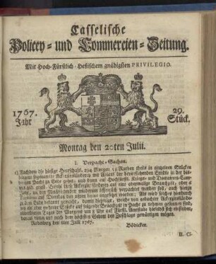 29. Stueck, Montag den 20ten Julii 1767