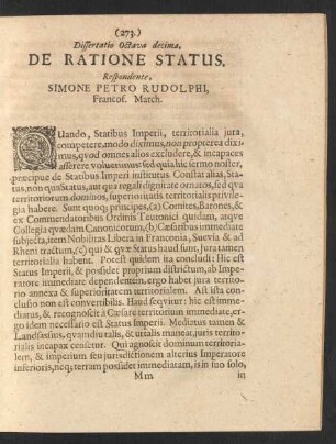 Dissertatio Octava decima. De Ratione Status.