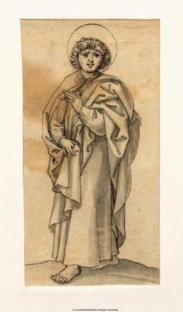 Evangelist Johannes, das Buch unter dem rechten Arm. Vergrößerte Teilkopie aus Schongauers Stich B 23.