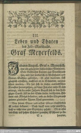 III. Leben und Thaten des Feld-Marschalls, Graf Meyerfelds
